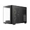 Фото-4 Корпус Ocypus Iota C50 Curve ARGB Digital Mini Tower, чёрный, вид спереди справа: панорамные стеклянные панели, два фронтальных вентилятора просматриваются через затемнённое стекло, справа расположена сетчатая боковая вставка, внизу цифровой экран на кожухе; важно для страницы корпуса, так как показывает форму шасси и боковую вентиляцию.