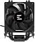 Фото-2 Кулер CPU Zalman CNPS4X Black, вид спереди: квадратная рамка вентилятора с чёрными лопастями и логотипом в центре, за ним просматриваются ребра радиатора. Внизу видна монтажная площадка и часть тепловых трубок. Белый фон &mdash; фото показывает фронтальную сторону кулера для страницы CPU cooling.