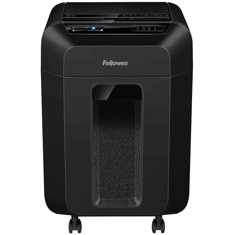 Фото-1 Уничтожитель бумаги Fellowes 80M (FS 46215) — фронтальный вид; чёрный корпус на колёсиках с большим прозрачным окном корзины, сверху панель управления с подсветкой; помогает оценить внешний вид и расположение элементов.