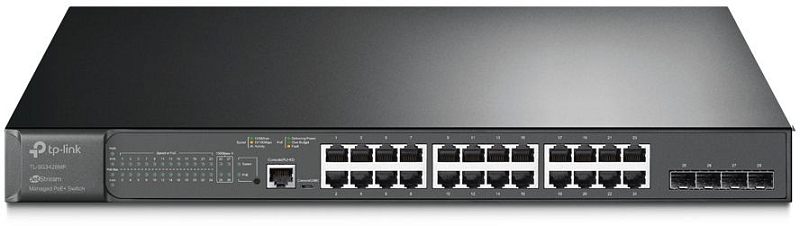 Фото-1 Коммутатор TP-Link SG3428MP, вид спереди. На фото чёрный металлический корпус с индикаторами слева, 24 портами RJ45, консольным портом и 4 слотами SFP справа. Изображение показывает фронтальную панель и конфигурацию интерфейсов для страницы товара о управляемом PoE-коммутаторе.