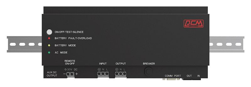Фото-1 ИБП Powercom DRU-850, вид спереди на DIN-рейке: чёрный корпус с кнопкой ON/OFF/TEST/SILENCE, тремя светодиодами состояния, клеммами INPUT и OUTPUT, отдельной клеммой AUX DC OUTPUT и портом COMM; фото показывает фронтальную панель и клеммную разводку для страницы товара.