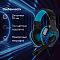 Фото-4 Наушники с микрофоном Oklick HS-L400G Zeus, промо-изображение с особенностями. На фото чёрная гарнитура с голубыми вставками и подсветкой, рядом перечислены динамики, семицветная подсветка и поворотный микрофон. Изображение показывает ключевые функции модели для страницы товара.