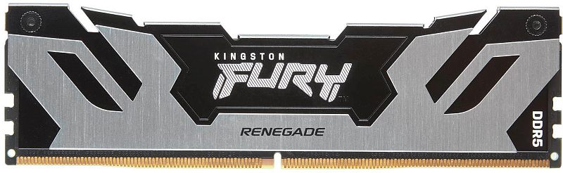 Фото-1 Модуль памяти Kingston FURY Renegade Silver XMP KF564C32RS-32, фронтальный вид DIMM; серебристо-чёрный радиатор, надписи FURY и Renegade, виден нижний золотистый разъём, изображение показывает дизайн радиатора и внешний вид модуля для страницы товара.