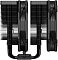 Фото-7 Кулер для процессора ID-Cooling FROZN A720 Black, вид сбоку на сборку с вентиляторами: две секции радиатора и два установленных вентилятора, проволочные скобы крепления, снизу видны тепловые трубки. На белом фоне &mdash; показывает толщину и компоновку кулера с вентиляторами.