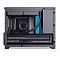 Фото-10 Корпус Jonsbo D32 Pro Black, внутренний вид сбоку: установленная СЖО с круглым блоком на CPU и шлангами, четыре модуля памяти, видеокарта с надписью GeForce RTX; справа вертикальная панель Back‑Connect Design &mdash; чтобы понять компоновку компонентов и прокладку шлангов в корпусе.