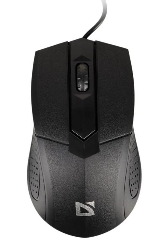 Фото-1 Мышь Defender Optimum MB-270, вид строго сверху; на фото чёрная проводная мышь с гранёной центральной вставкой, колесом прокрутки, точечной текстурой на боковых зонах хвата и логотипом Defender в нижней части корпуса; изображение для карточки товара помогает оценить форму корпуса и фактуру боковин.