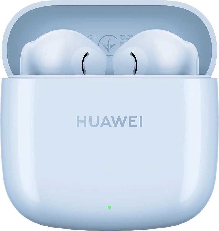 Фото-1 Гарнитура Huawei ULC-CT010, фронтальный вид на открытый зарядный кейс с двумя вкладышами внутри; видны полукруглая крышка, логотип HUAWEI на корпусе и световой индикатор спереди, светло-синий цвет. Подходит для страницы товара и показывает формат кейса и посадку наушников.
