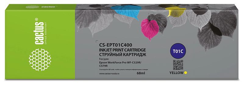 Фото-1 Струйный картридж Cactus CS-EPT01C400 T01C, фронтальный вид коробки; длинная коробка с зелёной левой панелью, серой лицевой стороной с листьями, маркировкой T01C, обозначением yellow и объёмом 68 мл; предметное фото упаковки для страницы жёлтого картриджа Epson.