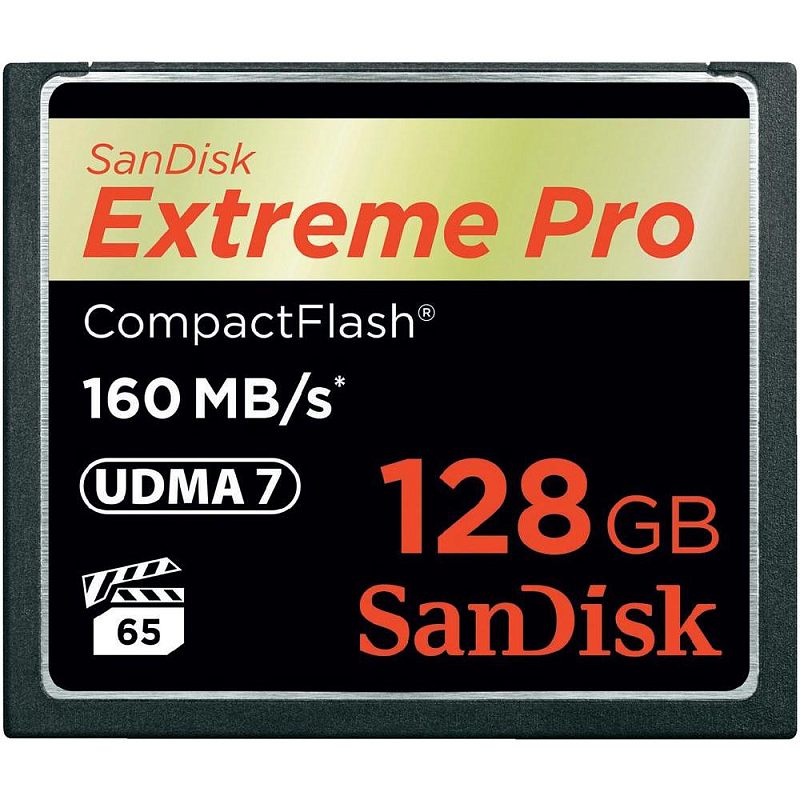 Фото-1 Карта памяти CompactFlash SanDisk Extreme Pro SDCFXPS-128G-X46 — крупный план лицевой стороны; чёрный корпус с серебристой рамкой, маркировки «128GB», «UDMA 7» и «160 MB/s». На странице товара важно, чтобы пользователь распознал формат CF и обозначения на самой карте для совместимости с камерой.