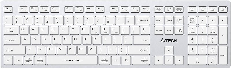 Фото-1 Клавиатура A4Tech FBX50C White, вид сверху спереди; полноразмерная раскладка с цифровым блоком, белые прямоугольные клавиши, отдельные кнопки выбора каналов 1–4 и стрелочный блок, серебристо-белый корпус. Изображение для карточки товара показывает раскладку и цвет исполнения.