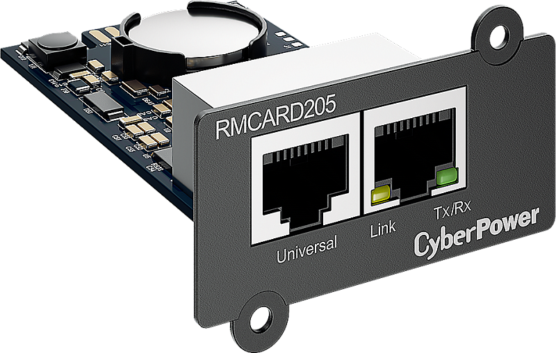 Фото-1 Карта сетевого управления CyberPower RMCARD205, вид под углом: лицевая серая панель с двумя портами RJ‑45, подписи «Universal», «Link», «Tx/Rx», видны индикаторы; плата тёмного цвета на прозрачном фоне; важно для страницы, чтобы показать сетевые порты и маркировку карты.