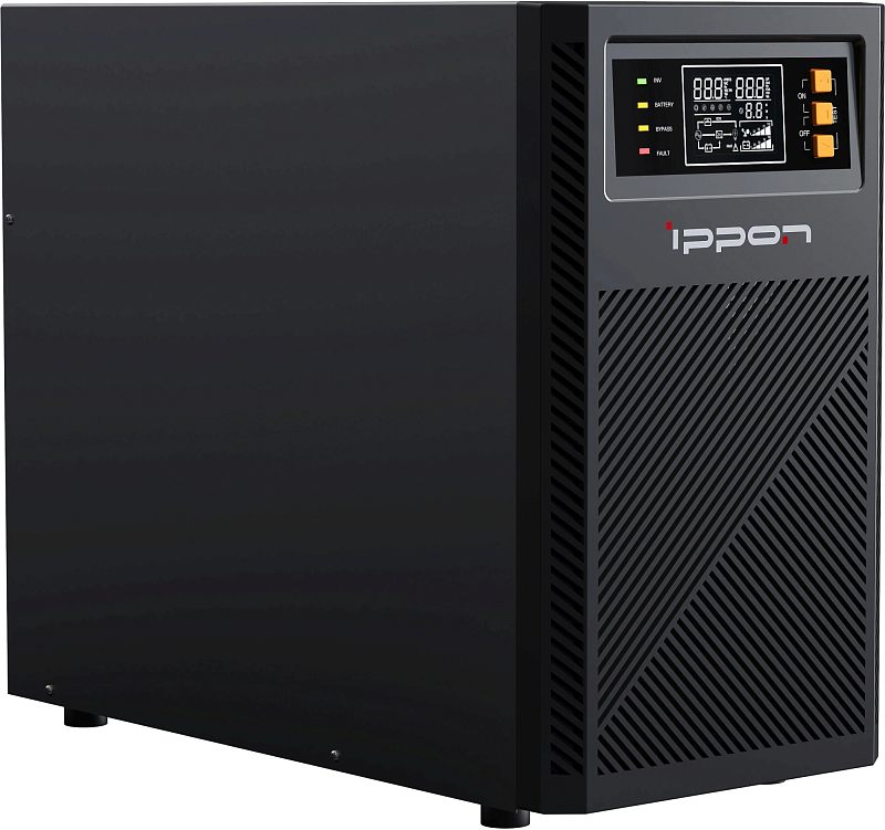 Фото-1 ИБП Ippon Innova TA 2000 VA Tower, вид спереди справа; на передней панели видны LCD-дисплей, индикаторы, три жёлтые кнопки и диагональная вентиляционная решётка; чёрный корпус на ножках, студийное фото, полезно для страницы товара как основной ракурс корпуса.