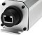 Фото-6 PoE удлинитель OSNOVO E-PoE/1W, крупный план торца: разъём RJ45 внутри чёрного резьбового ввода, вид сбоку; показано место подключения Ethernet-кабеля.