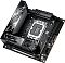 Фото-6 Материнская плата ASUS ROG Strix Z890‑I Gaming WiFi, диагональный вид сверху: кожух задней панели, радиаторы, сокет CPU и слот(ы) памяти, видны внутренние коннекторы по краю; важно для оценки расположения разъёмов и высоты элементов.