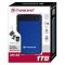 Фото-3 Внешний HDD Transcend StoreJet 25H3 1TB, фото упаковки; коробка с изображением синего диска, логотипом Transcend и обозначением USB 3.0 и 1TB; на белом фоне для показа комплекта поставки и маркировок на упаковке.