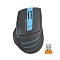 Фото-2 Беспроводная мышь A4Tech Fstyler FG30 Blue с USB-ресивером, вид сверху; рядом с чёрно-голубой мышью показан компактный приёмник с оранжевой вставкой, видны колесо прокрутки и асимметричная форма корпуса; фото важно для страницы товара, потому что показывает комплект поставки.