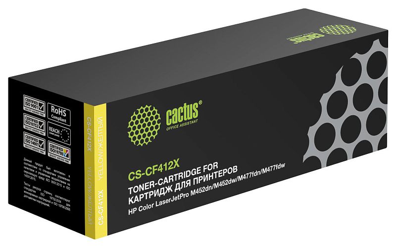 Фото-1 Тонер-картридж Cactus 410X CS-CF412X, жёлтый, коробка в ракурсе спереди сбоку. Видны чёрная упаковка, зелёный логотип cactus, жёлтая боковая полоса и белая маркировка модели. Изображение показывает упаковку и цветовую серию расходника для страницы товара.