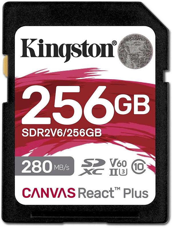 Фото-1 Карта памяти SDXC Kingston Canvas React Plus SDR2V6/256GB — фронтальный вид SD-карты; чёрный корпус с бело-красной этикеткой «256GB», указана скорость «280 MB/s», видны обозначения UHS-II и V60; на белом фоне, демонстрирует маркировку объёма и стандарта для выбора на странице товара.