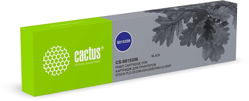 Фото-1 Матричный картридж Cactus CS-S015339, вид спереди на коробку; прямоугольная упаковка с салатовой левой частью, серой правой частью с графикой листьев и синей круглой меткой S015339. Полезно для страницы товара, чтобы показать упаковку ленты и маркировку модели.