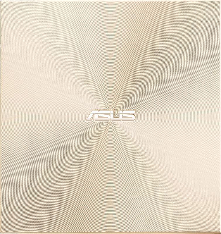 Фото-1 Внешний оптический привод ASUS SDRW-08U8M-U (DVD-RW), золотистый: вид строго сверху; круговая текстура крышки и логотип ASUS по центру; на белом фоне — помогает идентифицировать модель по оформлению верхней панели.