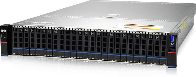 Фото-1 Сервер iRU G2225P 25x2.5 Rack 2U, вид спереди справа; серебристо-чёрный корпус 2U с двадцатью пятью фронтальными отсеками для накопителей, синей горизонтальной линией по низу корзин и фронтальными портами справа; показывает общий внешний вид шасси для страницы товара.
