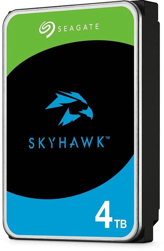 Фото-1 Жёсткий диск Seagate SkyHawk ST4000VX015, SATA, 3.5 — вид спереди под углом, наклейка SkyHawk с синим логотипом и отметкой 4 TB, чёрный корпус и серебристая рамка; на белом фоне, чтобы на странице товара распознать линейку SkyHawk и форм-фактор.