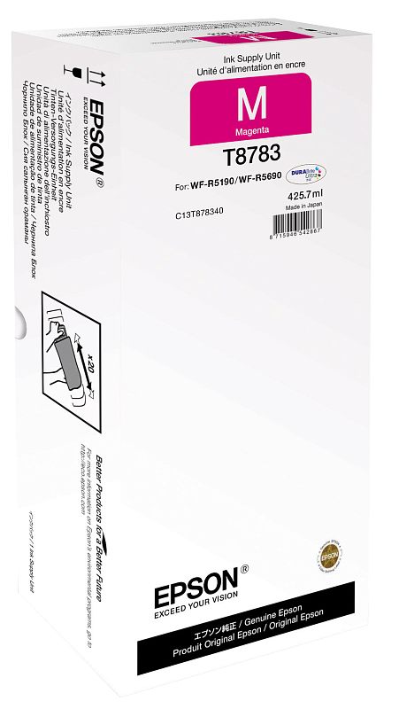 Фото-1 Картридж Epson T8783 Magenta 425.7 мл, вид спереди слева на упаковку; белая коробка Ink Supply Unit с пурпурным блоком M Magenta T8783, отметкой DURABrite Ultra Ink, штрихкодом и указанием совместимости WF-R5190/WF-R5690. Фото помогает проверить модель, цвет и объём расходника на странице товара.