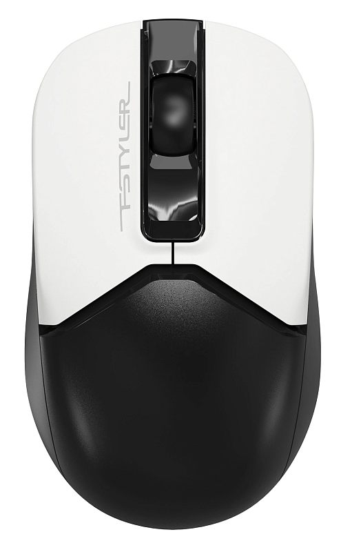 Фото-1 Мышь A4Tech FG12 Fstyler Panda, вид сверху. На фото беспроводная мышь с бело-чёрным корпусом, колесом прокрутки и контрастной верхней панелью в расцветке Panda. Изображение показывает цветовое исполнение и форму корпуса для страницы товара компьютерной мыши.