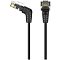 Фото-3 Патч-корд Vention UTP Cat 6A 2 м, чёрный &mdash; два коннектора крупным планом на светлом фоне; слева показан угловой штекер сбоку, справа прямой ракурс контактов, видна плоская чёрная оболочка. Изображение важно для темы страницы, так как показывает различие ракурсов и детали контактов.