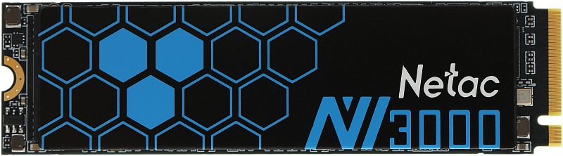 Фото-1 SSD Netac NV3000 M.2 2280 1 ТБ, вид сверху на лицевую сторону модуля; на фото чёрная наклейка с синим рисунком сот, логотип Netac NV3000, виден золотистый разъём M.2 справа; изображение показывает внешний вид накопителя для карточки товара.
