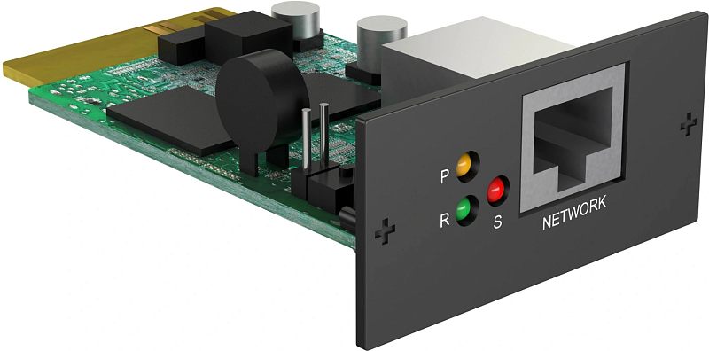 Фото-1 SNMP‑модуль Ippon для Innova RTA 2054951: вид под углом — плата в слоте с чёрной лицевой панелью, разъём RJ‑45 «NETWORK» и три индикатора (P/R/S) рядом; важно для подключения ИБП к сети мониторинга и проверки индикации.
