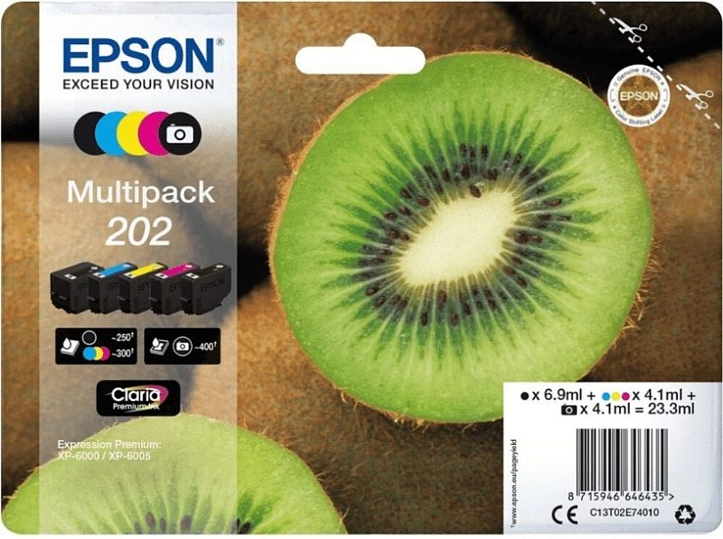 Фото-1 Струйный картридж Epson 202 Multipack, вид спереди на упаковку; картонная коробка с изображением киви, маркировкой Multipack 202, иконками цветов CMYK и указанием объёмов x 6.9 ml и x 4.1 ml. Это важно для страницы товара, чтобы показать формат комплекта и состав набора картриджей.