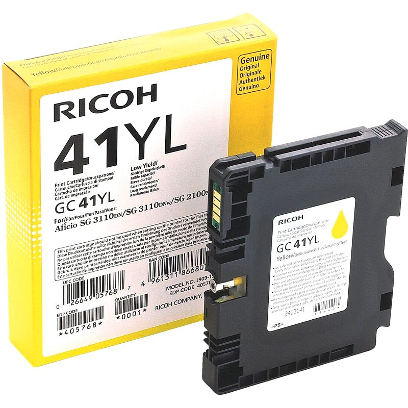 Фото-1 Гелевый картридж Ricoh GC 41YL 405768, комплект с коробкой и картриджем спереди слева; жёлтая коробка с маркировкой 41YL и чёрный картридж с жёлтой каплей на наклейке, видны направляющие и контактный узел, фото показывает комплект поставки для страницы товара.