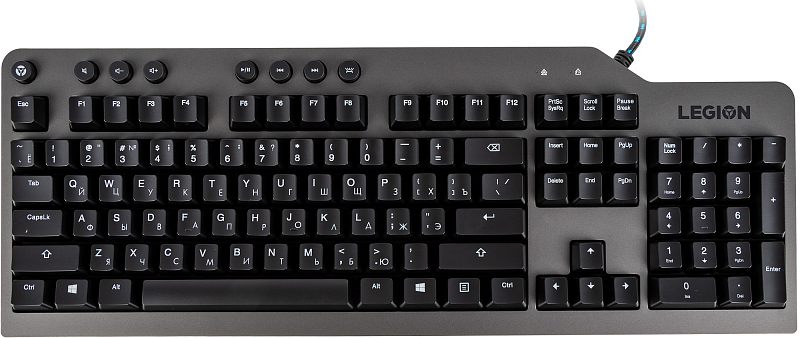Фото-1 Клавиатура Lenovo Legion K500, фронтальный вид сверху; на фото полноразмерная механическая клавиатура с цифровым блоком, круглыми мультимедийными кнопками над функциональным рядом и логотипом Legion справа, чёрный цвет; изображение показывает раскладку и верхнюю панель для страницы товара.