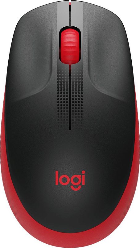 Фото-1 Беспроводная мышь Logitech M190, вид сверху; показаны чёрная верхняя панель, красное колесо прокрутки, серые вставки у передней части и логотип logi красного цвета, фото на белом фоне для страницы товара, чтобы показать цветовое исполнение и расположение основных элементов.