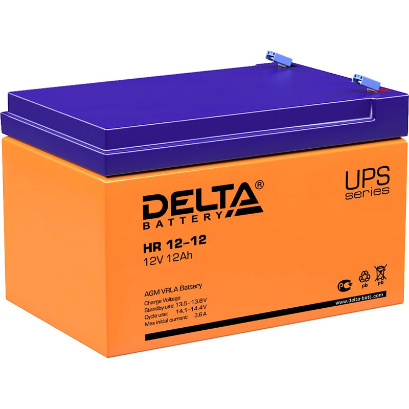 Фото-1 Аккумулятор для ИБП Delta HR 12-12, боковой вид; оранжевый корпус UPS series и фиолетовая крышка; сверху две клеммы Faston с голубыми колпачками, рядом цветовая отметка полярности — важно для правильного подключения аккумулятора в ИБП.