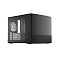 Фото-3 Корпус ПК Fractal Design Node 804, чёрный &mdash; боковой вид со стеклянной/прозрачной панелью; через окно виден установленный вентилятор и ряд заглушек слотов расширения, снизу перфорированная полоса. Контекст: демонстрация обзорности внутреннего отсека через боковое окно.