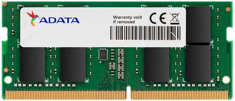 Фото-1 Модуль памяти ADATA Premier AD4S320032G22-SGN, вид спереди; зелёный SODIMM DDR4 с белой сервисной наклейкой, чёрными чипами по обе стороны и золотистыми контактами; зелёный цвет, предметное фото модуля для карточки товара ноутбучной памяти.