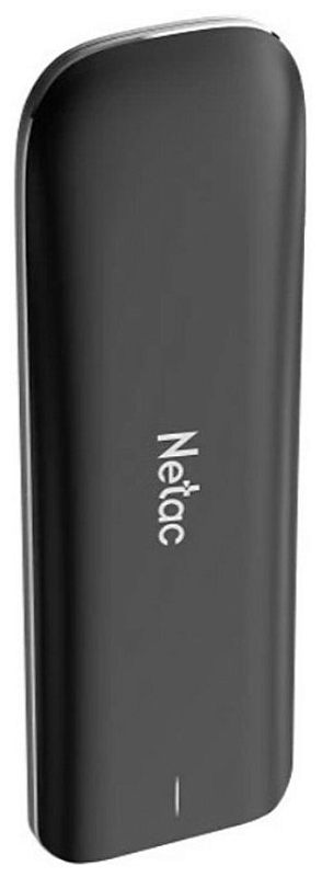 Фото-1 Внешний SSD Netac ZX 1TB Mini, чёрный, фронтальный вид; вытянутый компактный корпус с закруглёнными углами, логотипом Netac по центру и световым индикатором внизу. Фото показывает форму мини-накопителя и лицевую сторону для страницы товара.