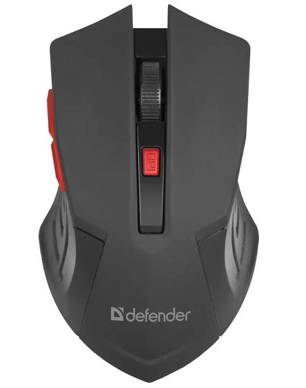 Фото-1 Мышь Defender Accura MM-275, вид спереди-сверху под углом; на фото чёрная мышь с угловатым корпусом, красной кнопкой DPI под колесом прокрутки, красными боковыми кнопками слева и фактурными серыми вставками по бокам; изображение для карточки товара показывает компоновку верхних и боковых органов управления.