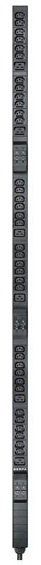 Фото-1 Блок розеток Nerpa Iron Zero U NP7707I, вид спереди; вертикальная чёрная PDU-планка для стойки с рядом розеточных модулей по длине корпуса, на белом фоне для страницы распределителя питания и проверки исполнения для монтажа в шкаф.
