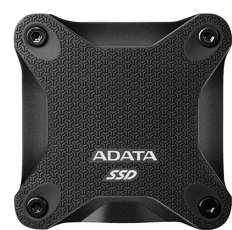 Фото-1 Внешний SSD ADATA SD620 512 ГБ, вид сверху: рельефная панель с логотипом ADATA SSD и винтами по углам, чёрный корпус на белом фоне; важно для визуальной идентификации модели.