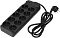 Фото-6 Сетевой фильтр Powercom SP-10-USB2A1SB, вид под углом сверху, чёрный корпус с десятью розетками, кнопкой питания, двумя USB-A, USB-C PD20W и уложенным кабелем с угловой вилкой; фото важно для карточки товара, чтобы показать рабочую поверхность и подключение кабеля.