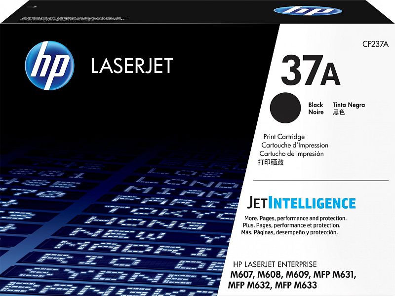 Фото-1 Картридж HP 37A CF237A, фронтальный вид упаковки: чёрная коробка LaserJet с белой правой панелью, маркировкой 37A, чёрной цветовой меткой и синим графическим рисунком на лицевой стороне. Фото важно для страницы, потому что показывает упаковку и модель чёрного лазерного картриджа на 11000 стр.