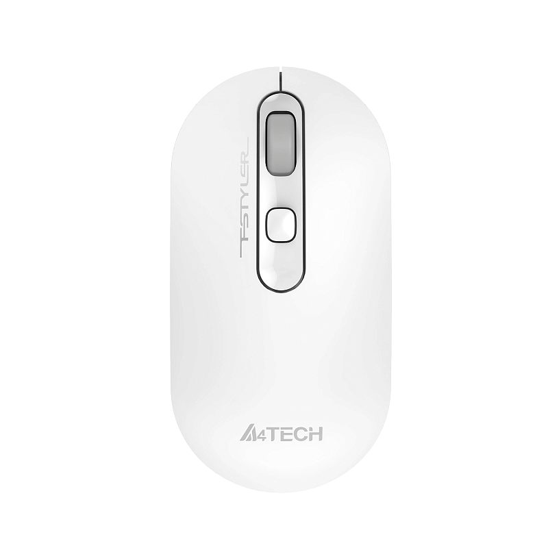 Фото-1 Беспроводная мышь A4Tech Fstyler FG20 White, вид сверху; белый корпус с серым колесом прокрутки, центральная кнопка DPI и логотипы Fstyler и A4Tech; основное изображение товара для страницы модели.