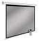 Фото-2 Проекционный экран настенно-потолочный Cactus SilverMoto CS-PSSME-200x150-WT, вид спереди под углом; серое полотно без изображения в чёрной рамке, белый короб, пульт управления рядом