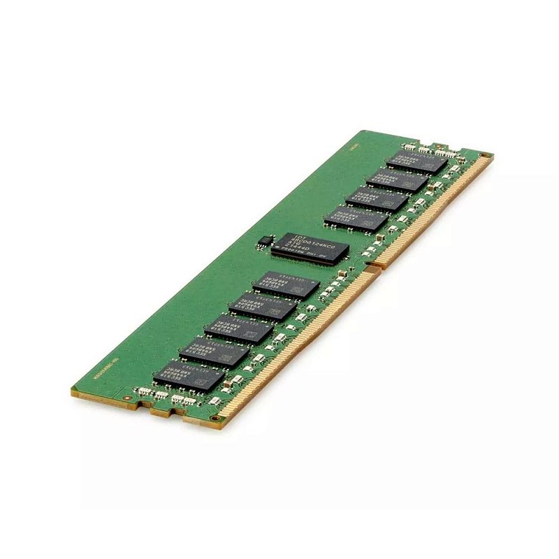 Фото-1 Модуль памяти HPE ProLiant P06035-B21 64 ГБ DDR4, общий вид по диагонали на светлом фоне. Показаны зелёная печатная плата, микросхемы памяти, центральный дополнительный чип и контактный гребень по нижнему краю. Зелёный цвет платы. Фото помогает на странице товара увидеть компоновку серверного DIMM и внешний вид модуля без кожуха.