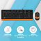 Фото-27 Комплект клавиатура и мышь A4Tech F1010 Orange, инфографика: клавиатура с оранжевой подложкой и пиктограммы характеристик на голубом фоне; фото помогает быстро сверить основные обозначения и внешний вид набора на странице товара.