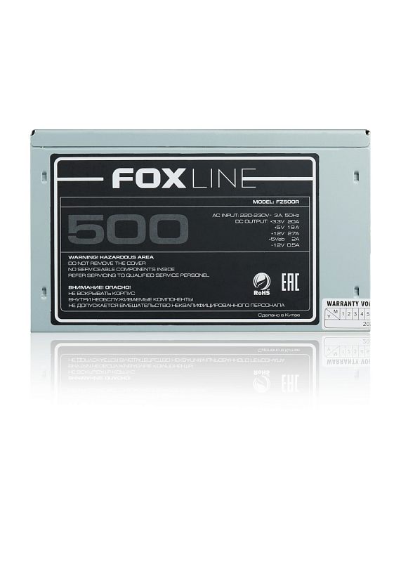 Фото-1 Блок питания Foxline FZ500R 500 Вт, вид сзади и сбоку под углом; серый металлический корпус с сотовой перфорацией, сетевым разъёмом AC 230V, выключателем и крупной боковой наклейкой FOXLINE 500; изображение показывает заднюю панель и маркировку модели для страницы товара.