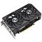 Фото-3 Видеокарта ASUS Radeon RX 9060 Dual 8GB, вид сверху спереди под углом; на изображении видны два вентилятора, угловатый чёрный кожух, монтажная планка и часть печатной платы, цвет корпуса чёрный; такой ракурс помогает оценить толщину карты и форму кожуха на странице товара.